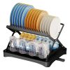 2 Tier Dish Drying Rack with Cup Holder Foldable Dish Drainer Shelf for Kitchen Countertop Rustproof Utensil Holder with Drainboard Black