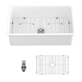 32"x19" Undermount White Ceramic Kitchen Sink Single Bowl,Kitchen Sink Double Bowl with Strainer (Stytle: Single Bowl)