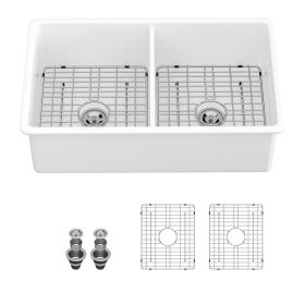 32"x19" Undermount White Ceramic Kitchen Sink Single Bowl,Kitchen Sink Double Bowl with Strainer (Stytle: Double Bowl)