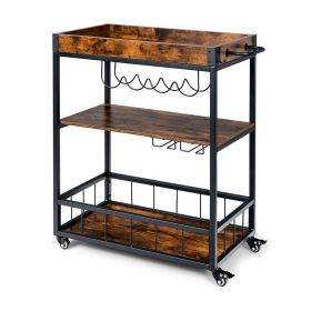 Mobile Bar Cart on Wheels Kitchen Island Cart (Color: Rustic Brown)